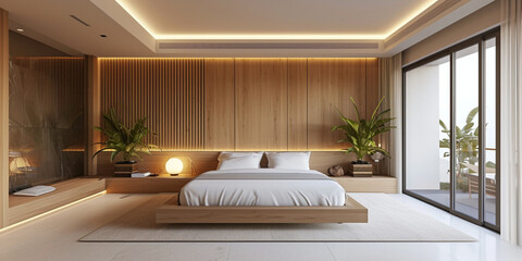 a contemporary style bedroom. White bed and pillows on a wooden platform over a carpet, wooden back wall with a lamp and some natural elements, withe ceiling with modern lightning, and some windows