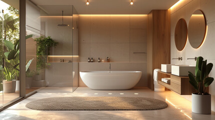 a modern design of a batrooom, with a white bathtub in front, white and wooden wall, natural and artificial lightning, a glass shower, and two sinks with mirrors on the right side