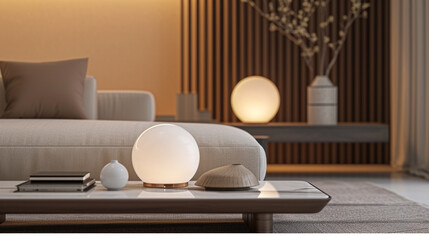 a photo of glass table with a round modern lamp on, a very comfortable looking part of a sofa, and in the back, another table with the same round lamp