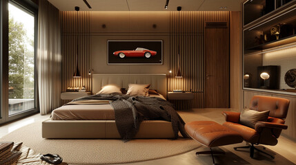 modern design concept of a bedroom, with a brown and skin color tones bed and furniture, office style professional chair, and a big car painting in the back wall