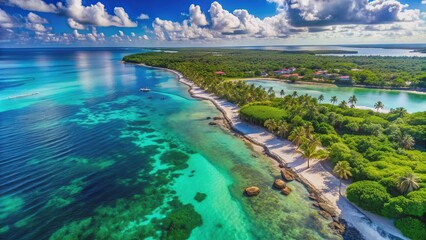 Obraz premium Tropical paradise beach with turquoise Caribbean Sea waters, vibrant coral reef, and lush greenery, pictured from a stunning aerial view.