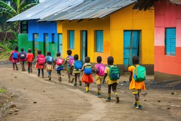A group of children joyfully walking towards a brightly colored school building, each carrying a backpack filled with supplies
