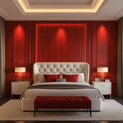 a luxurious red and white style bedroom, red wall with some lightning, two lamps at each side