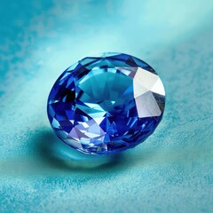 Fototapeta premium A close-up of a blue sapphire gemstone placed on a light blue background. The image highlights the gemstone's brilliant facets and vibrant blue color, making it a striking and elegant piece.