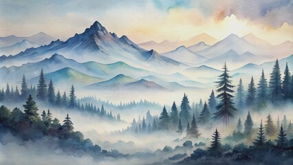 Fototapeta premium Ethereal misty mountainscape with soft delicate watercolor brushstrokes isolated on transparent background evoking serenity and mystique in dreamy landscape.