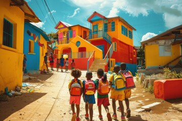 A group of children joyfully walking towards a brightly colored school building, each carrying a backpack filled with supplies
