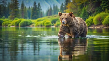 Majestic brown bear wades alone in serene lake waters, ripples radiate from its massive paws, lush green forest backdrop.