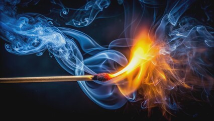 Obraz premium Dramatic close-up of solitary matchstick igniting in darkness, surrounded by radiant sparks and smoke, against a pitch-black background.