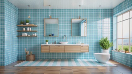 Fototapeta premium Calm light blue and white chequered ceramic tile wall and floor mosaic background with geometric pool-inspired grid pattern design.