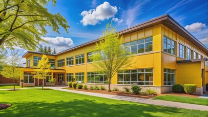 Fototapeta premium A bright yellow elementary school building's rear facade gleams in warm sunlight on a serene, cloudless spring morning backdrop.