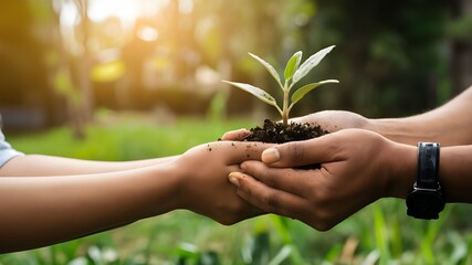 A close-up of two hands carefully holding a small sapling in rich, fertile soil.