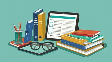 Study Desk with Books and Tablet Illustration