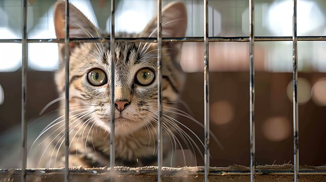 Close-up of a cute brown tabby cat behind bars, looking out with wide eyes. The background is blurred, highlighting the cat's expression.