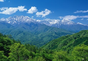 mountain range from an angle, clear blue sky, distant snow-capped mountains in background