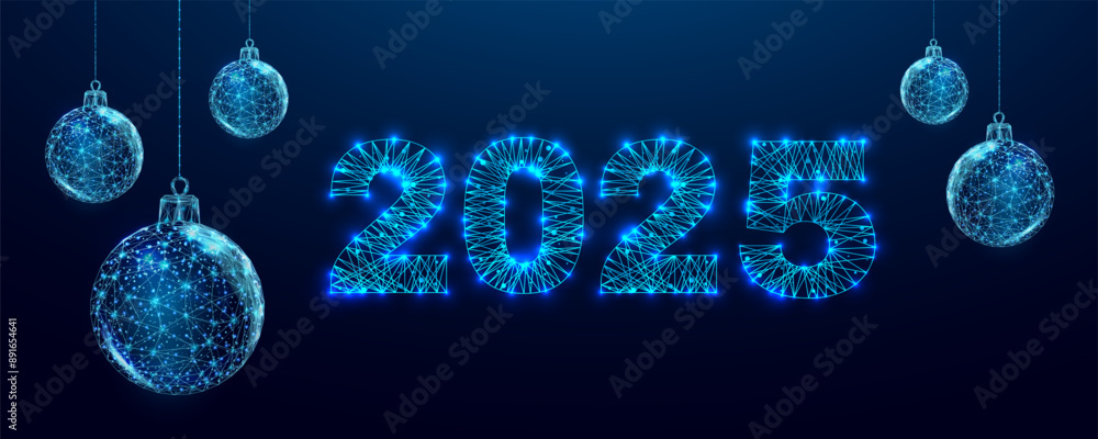 Poster postcard happy new year 2025. numbers from a polygonal wireframe mesh with christmas balls. low poly
