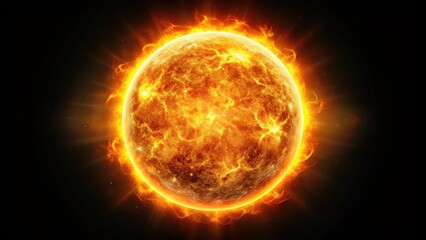 Big sun surface with solar flares on black background, representing global warming concept, solar flares, sun surface