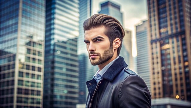 A man with a modern undercut hairstyle, his longer top hair slicked back neatly, standing in an urban setting with tall buildings in the background.