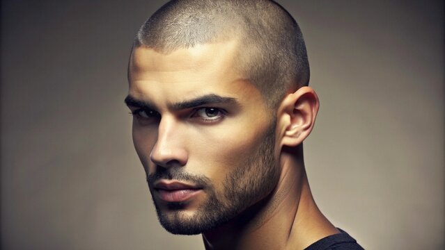 A close-up of a man with a buzz cut, showing the texture and precision of the haircut, set against a simple, neutral background.