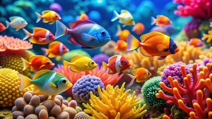 Colorful toy fishes swimming among vibrant coral reefs, toy, fishes, colorful, swimming, coral, reefs, vibrant