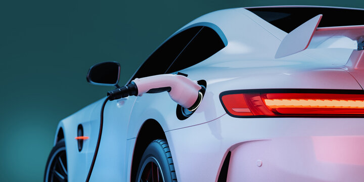 EV Electric car silhouette with low battery charging at electric charge station. 3d render and illustration.