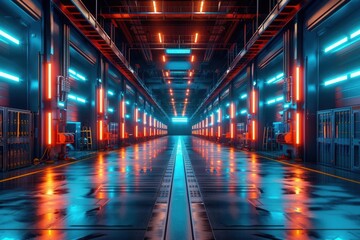 Industry 40 tech warehouse, digital goods visualization, futuristic process, blue neon glow, wideangle, hightech design