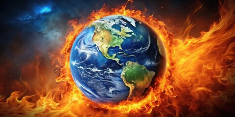 of the planet Earth burning. Global warming and climate change concept