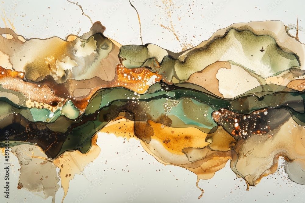 Poster dynamic abstract painting with earth tones and fluid forms creating a vibrant and natural compositio
