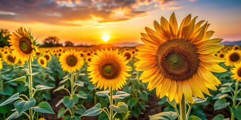Obraz premium Close up view of vibrant sunflower flowers in an evening field, sunflower, flowers, field, close up, evening, nature, yellow, petals