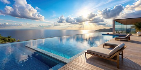 Fototapeta premium Luxurious infinity pool area overlooking the serene sea view, infinity pool, luxury, relaxation, vacation, travel, tropical