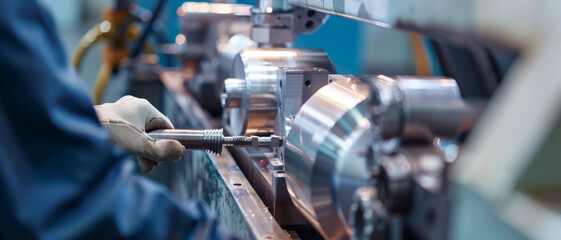 A close-up of a worker&rsquo;s hands operating a precision machining tool in a high-tech industrial setting.