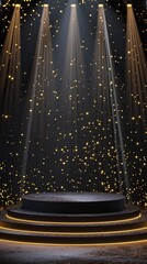 Celestial Golden Podium: Illuminated Stage with Cosmic Mist on Dark Abstract Background. Ethereal Award Ceremony Platform under Spotlights. Luxurious 4K Wallpaper for High-End Cosmetics Promotion and 