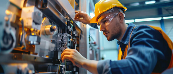 A focused technician wearing a hard hat and protective glasses meticulously adjusts machinery in an industrial setting.