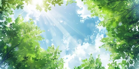 Lush green foliage with sunlight streaming through the trees, creating a tranquil and peaceful natural backdrop