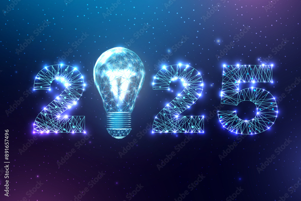 Poster happy new year 2025 greeting card. low poly style design. numbers and lightbulb from a polygonal wir