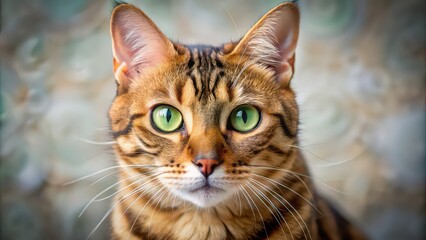 Obraz premium Close-up of a cute green-eyed cat with spotted fur, cat, animal, pet, cute, domestic, fur, eyes