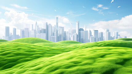 Fototapeta premium Futuristic ecology city skyline with a vast lawn like a soft carpet