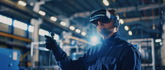 A factory worker wearing a VR headset engages with a high-tech interface in an industrial setting, demonstrating advanced technological interaction.