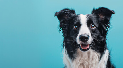 Fototapeta premium Close-up portrait of a Border Collie dog against a light blue background with space for text.