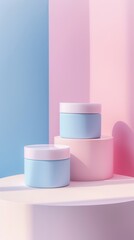 Abstract Beige Product Podium: Soft-Hued Geometric Stage for Elegant Cosmetics Display. Minimalist 4K Scene with Cylindrical Elements for Beauty Marketing. Sophisticated End-of-Season Promotion Backdr