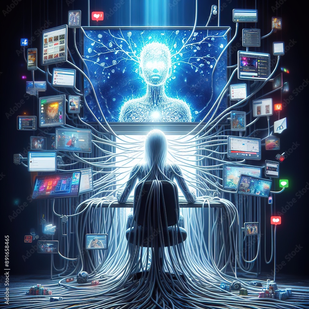 Poster entangled by a large number of cables, a person in front of a computer monitor, a person's dependenc