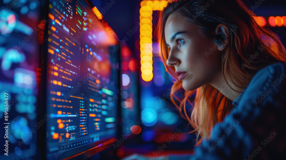 Poster a woman working on a computer in a high-tech environment, surrounded by screens and digital data.