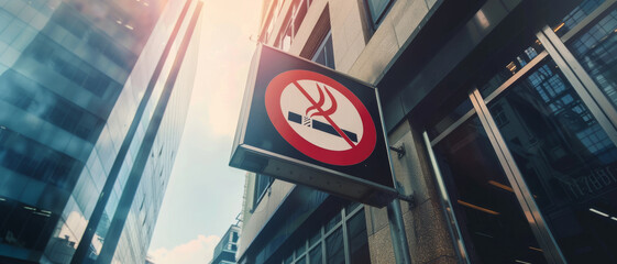 A no-smoking sign affixed to a building exterior, illuminated by sunlight in a downtown area with modern high-rises.