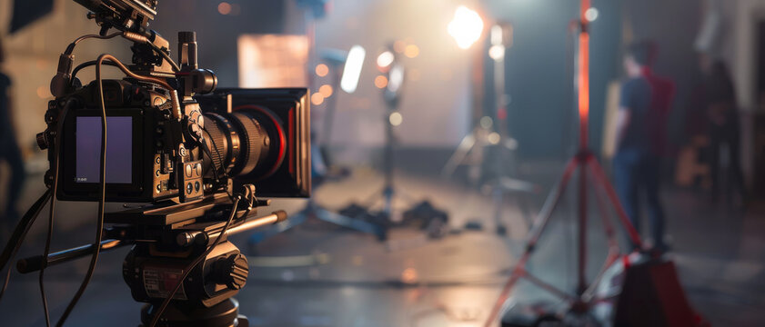 Professional film set with a camera in focus, capturing the essence of movie-making magic amidst the glowing lights and behind-the-scenes activity.