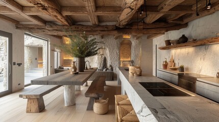 Obraz premium Modern Rustic Kitchen Combining Contemporary and Natural Elements for Cozy Living Space