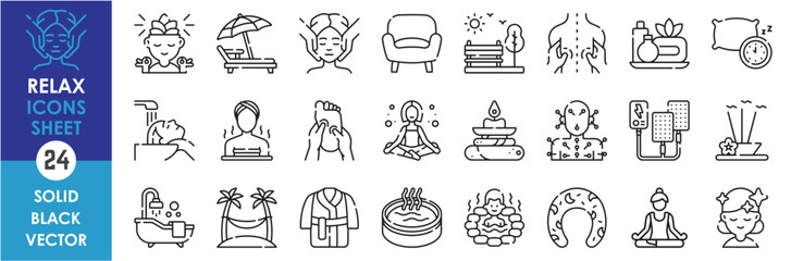 A set of line icons related to relax. Spa, sauna, nature, sleep, bath, yoga, hot spring, hair wash, incense, fish, massage and so on. Vector outline icons set.