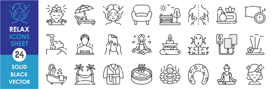 A set of line icons related to relax. Spa, sauna, nature, sleep, bath, yoga, hot spring, hair wash, incense, fish, massage and so on. Vector outline icons set.