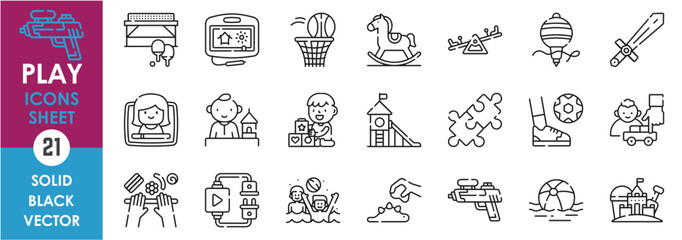 A set of line icons related to play. Kids, games, tennis, video, objects, toys, puzzle, sandcastle, car, sword, seesaw, playground and so on. Vector outline icons set.