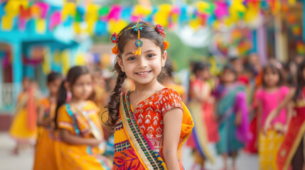 Fototapeta premium Young girl in vibrant traditional dress, smiling brightly at an outdoor cultural festival with colorful decorations.