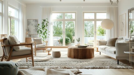 A Scandinavian-inspired living room with light wood furniture