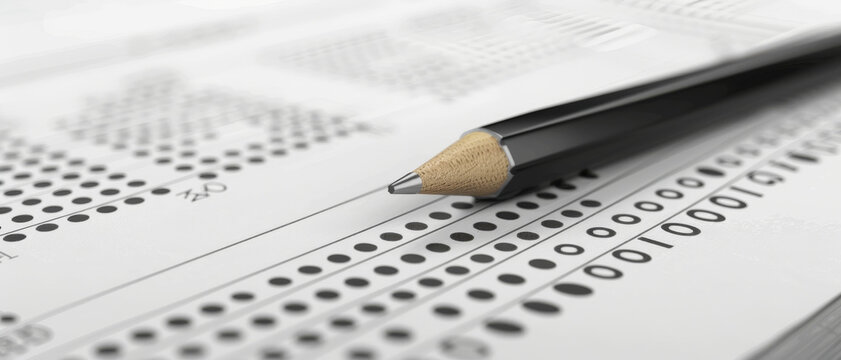 A close-up of a standardized test paper with multiple-choice answers filled in by pencil, capturing the anxiety and preparation of exam day.